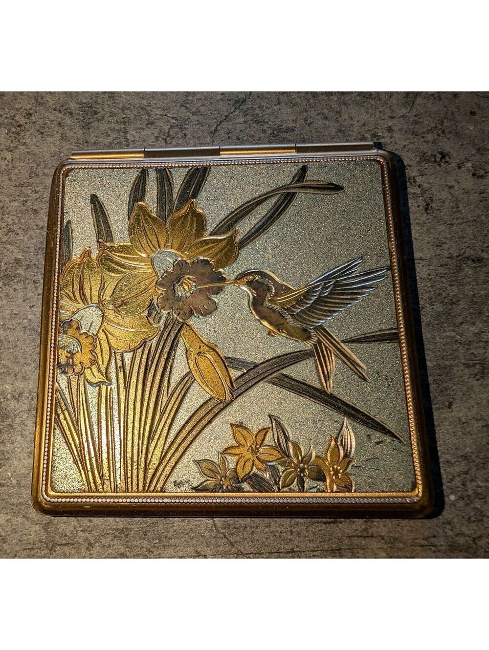 Vintage 1980s Japanese Art of Chokin Hummingbird Etched Compact Mirror Metallic